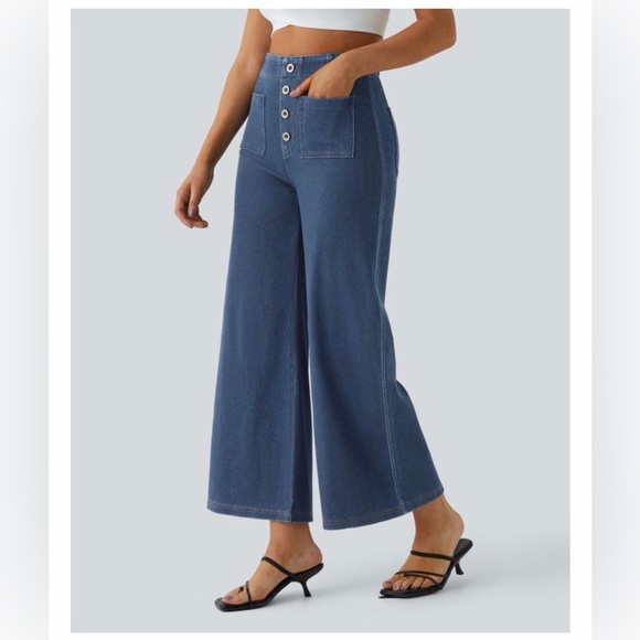 HALARA Denim - HALARA Dark Blue High-Rise Wide Leg Jeans with Front Patch Pockets